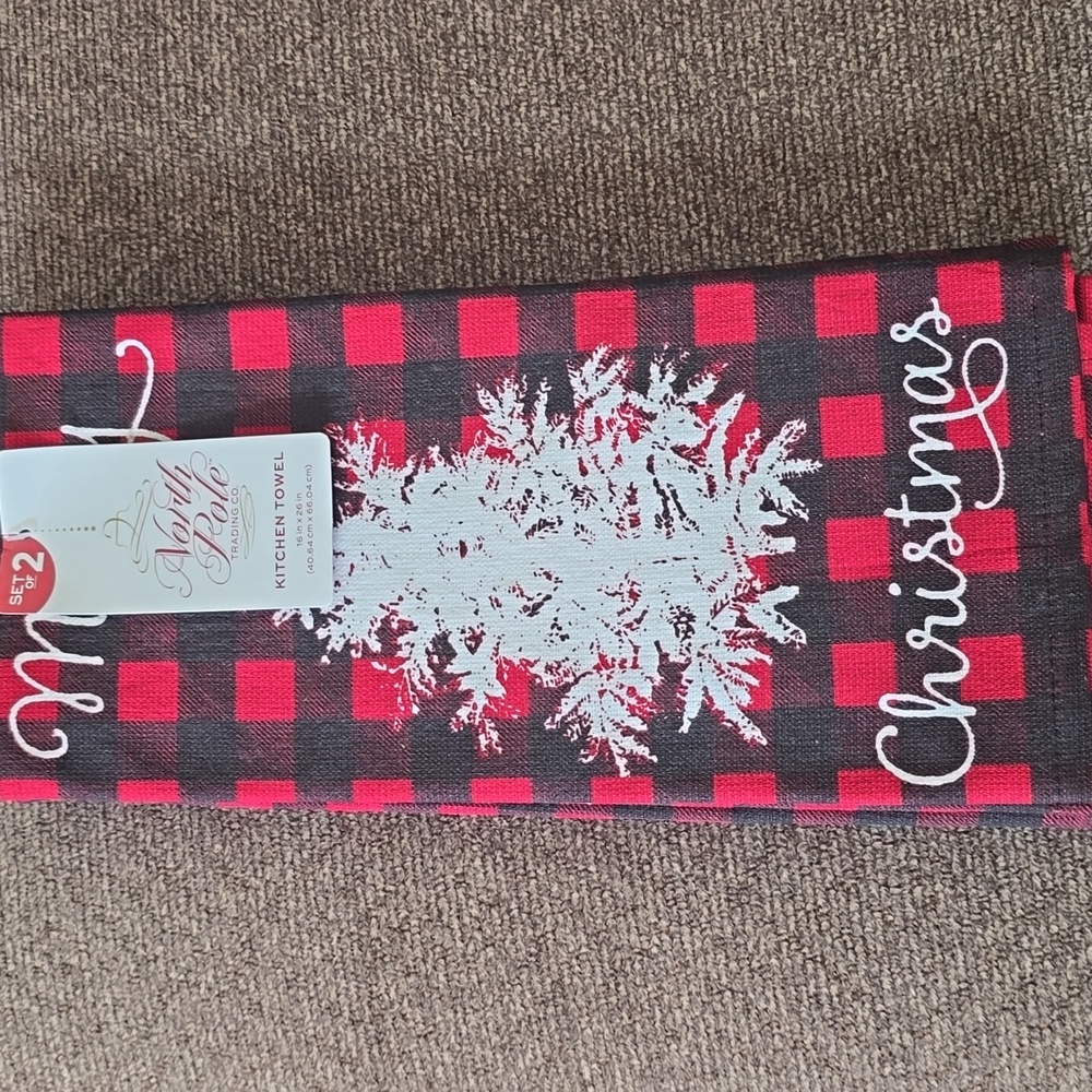 NORTH POLE BRAND RED AND BLACK CHECKERED MERRY CHRISTMAS KITCHEN TOWEL SET OF 2